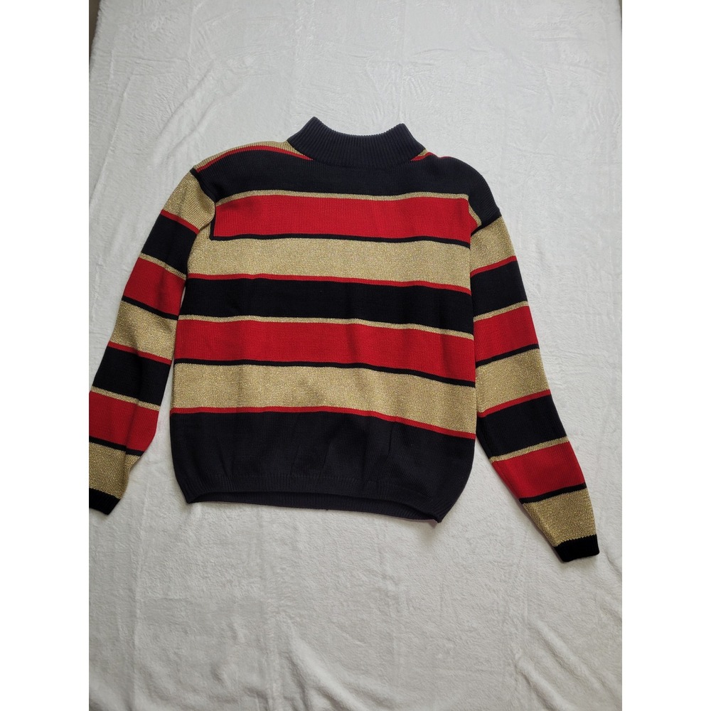 Vintage J. Striped Sweater Women Large Black Red Gold Metallic Mock Neck